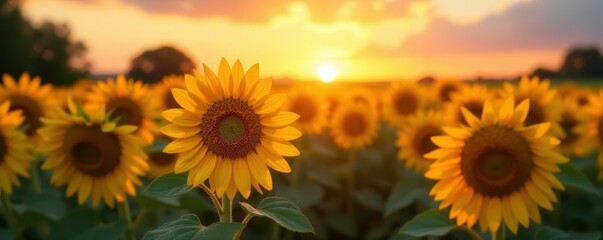 Obraz premium Golden hour sun dips behind vibrant sunflowers , nature, rays, evening