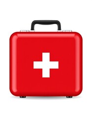 Obraz premium Glossy red case with white cross, handle, and small feet. Isolated on white