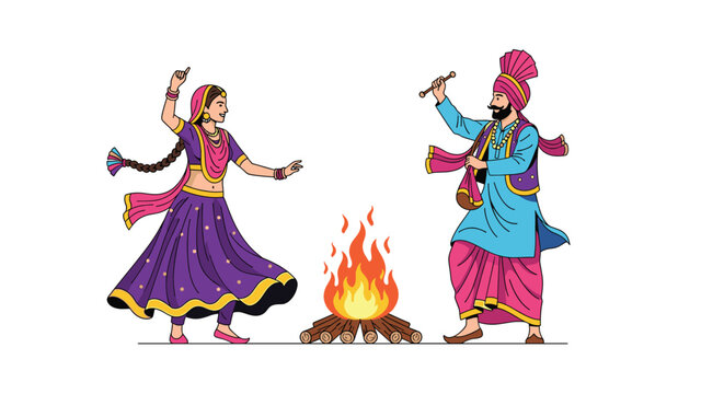 Lohri celebration with punjabi couple dancing around bonfire, symbolizing warmth, community, and the end of winter