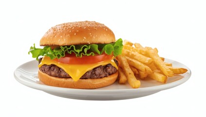 Juicy cheeseburger with melted cheddar cheese and crispy french fries on a white plate