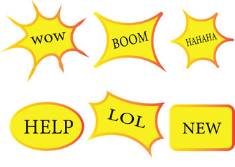 Comic speech bubbles with expressions: HELP, LOL, OH NO, BOOM, YEAH, SMASH, BANG, HELLO, NEW	