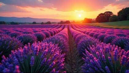 Fototapeta premium Rows of lavender bathed in warm sunset light, creating a picturesque view , beautiful, fields
