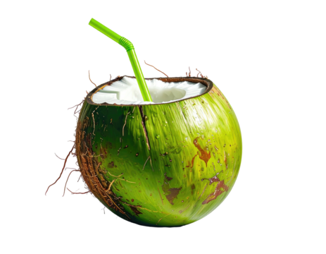 A refreshing green coconut, cut open to hold coconut water, with a green straw, on black backdrop