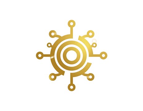 Gold-toned stylized circular circuitry design element on a white background - Powered by Adobe