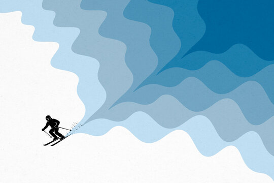 Skier making a wave pattern in powder snow on a winter day illustration