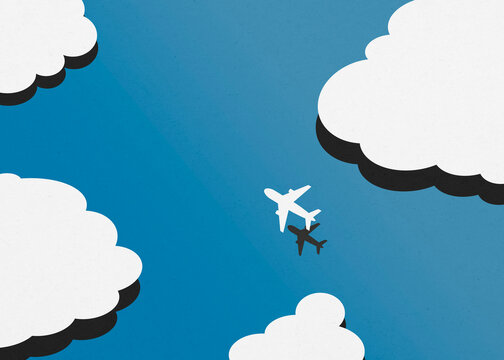 Airplane flying above clouds in blue sky illustration