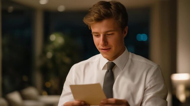 Butler expressing quiet gratitude while receiving personal thank-you note from employer, emotion genuine and tender, symbolizing unseen emotional depth and loyalty in private service relationships.