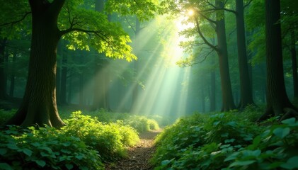 Obraz premium Sunbeams pierce emerald canopy, dappled light on forest floor, nature, dappled, tropical