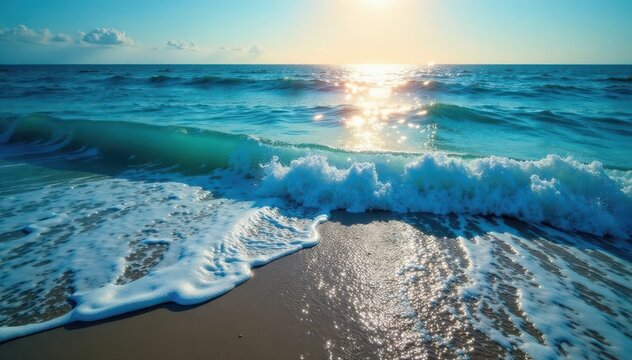 Sparkling blue tide receding reveals glowing beach , environment, glow