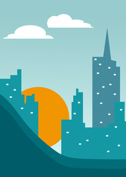 Urban cityscape illustration with skyscrapers and sun at sunset