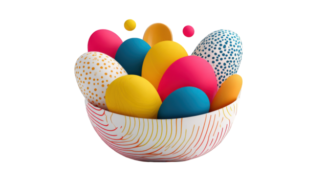 Colorful Easter eggs in a stylized bowl
