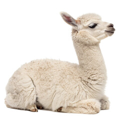 Obraz premium Adorable fluffy white baby alpaca resting peacefully, exuding innocence and charm for heartwarming projects. 