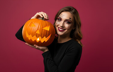 Woman with Halloween makeup holding carved Jack-o'-lantern against red background. Model in studio for Halloween celebration