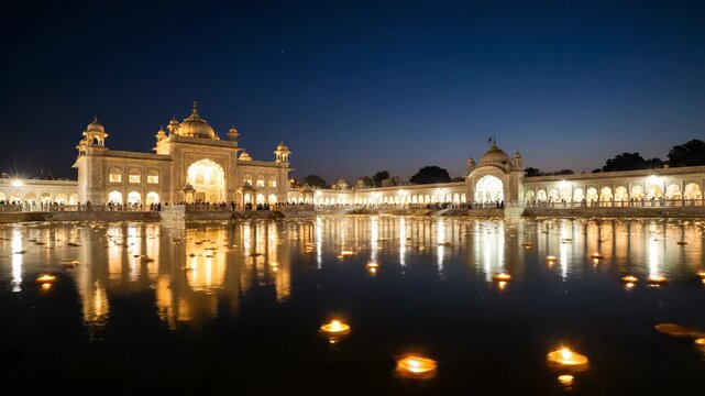 Illuminated Sikh Temple Reflecting in Holy Water during Guru Nanak Jayanti Celebration at Night