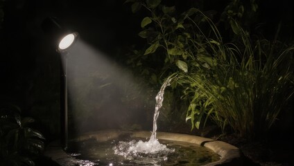 Illuminated Fountain at Night - Serene Water Feature with Lush Greenery.
