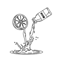 Obraz premium Bottle of fresh milk blending with freshly squeezed orange juice in a dynamic splash outline illustration
