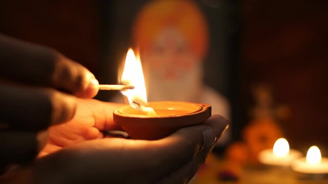 Illuminating the Spirit Lighting a Diya in Reverence for Guru Nanak Jayanti Celebrations and Sikh Traditions