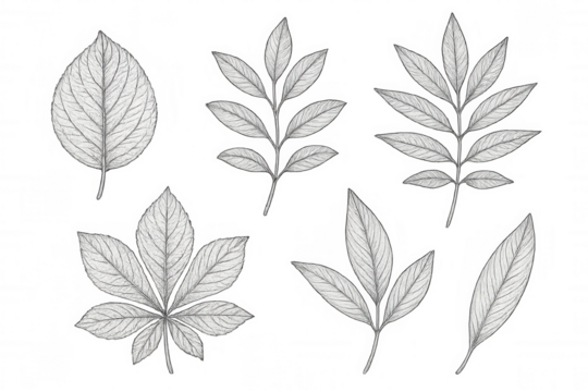 Botanical leaves drawing set, different plant species in black and white sketch style on transparent background