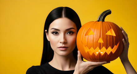 Woman with Halloween makeup holding carved Jack-o'-lantern against orange background. Model in studio for Halloween celebration with copy space