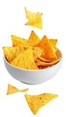 Golden, seasoned, triangular fried snacks spilling from a white bowl