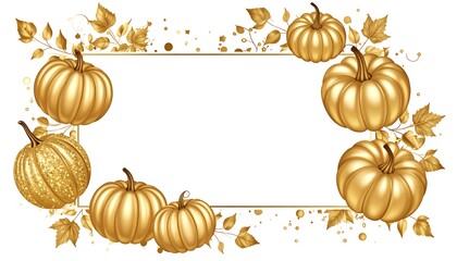 Gold pumpkins and leaves frame a blank rectangle, autumnal theme
