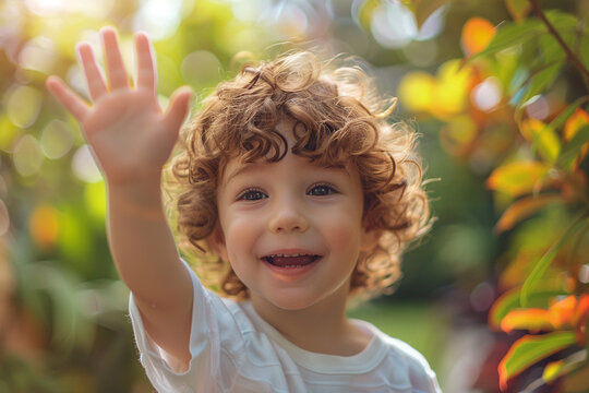 A joyful and lively young child excitedly reaches his hand up with immense enthusiasm and happiness, radiating positive energy and eagerness   