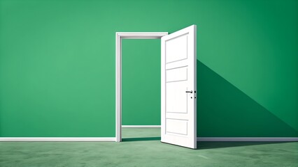 Open door in a green room suggesting opportunity and new beginnings in a bright minimalist setting