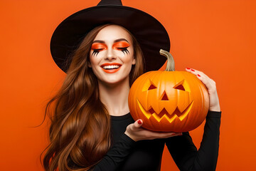 Woman with Halloween makeup and which holding carved Jack-o'-lantern against orange background. Model in studio for Halloween celebration