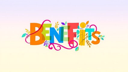 Fototapeta premium Colorful Illustration of the Word Benefits with Decorative Floral Elements