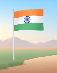 Indian flag waving in a desert landscape