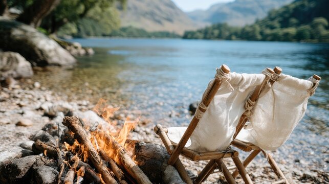 Warm evening by the lakeside with campfire and relaxed seating under serene nature - Powered by Adobe