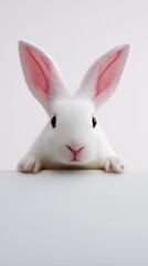 Obraz premium Cute white rabbit with pink ears peeking over a white surface on pastel background. 