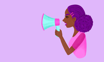 Woman with megaphone shouting for rights in colorful illustration