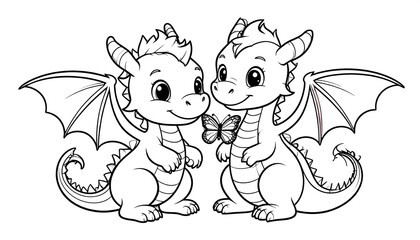 Two cartoon dragons with wings looking at a butterfly