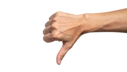 Hand giving a thumbs-down gesture against a white background