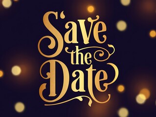 Elegant Save the Date announcement design with golden lettering on dark background