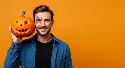 Man with Halloween makeup holding carved Jack-o'-lantern against orange background. Model in studio for Halloween celebration with copy space