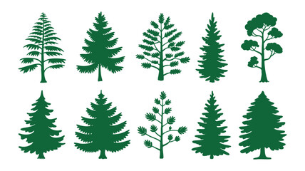 Obraz premium Collection of ten distinct green evergreen trees silhouetted for nature design elements