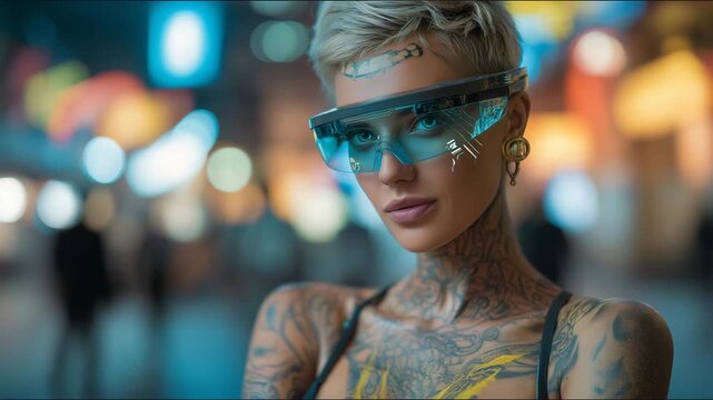 Cybernetic wanderer with shimmering neon tattoos and AR glasses linked to city network, symbolizing connected consciousness, virtual exploration, and hybrid existence in advanced cyber metropolis.