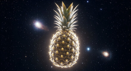 Golden Pineapple Glowing in Deep Space with Stars and Celestial Bodies Abstract
