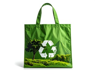 Green tote bag with a nature scene and recycling symbol