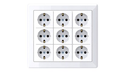 Square white power outlet panel with nine European electrical sockets