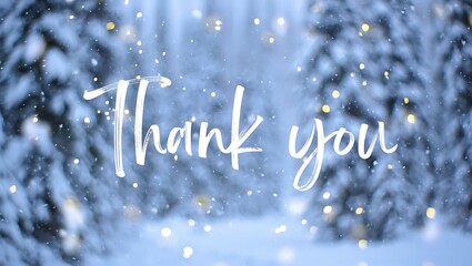 Thank you card in winter forest background with bokeh lights effect