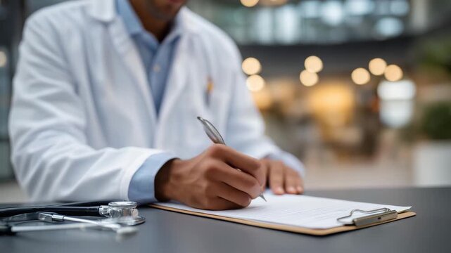 Experienced physician in white coat seated at hospital desk writing detailed notes on medical chart with stethoscope beside, symbolizing patient care, healthcare documentation, and clinical