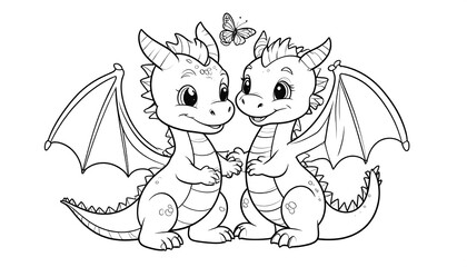Two cute cartoon dragons looking at each other with a butterfly above them