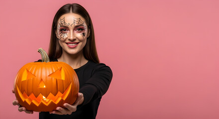 Woman with Halloween makeup holding carved Jack-o'-lantern against pink background. Model in studio for Halloween celebration with copy space