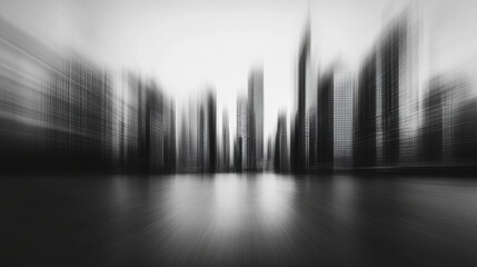 City skyline blurred through motion, capturing urban vibe and energy during early evening hours in black and white