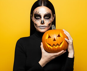 Woman with Halloween makeup holding carved Jack-o'-lantern against orange background. Model in studio for Halloween celebration with copy space