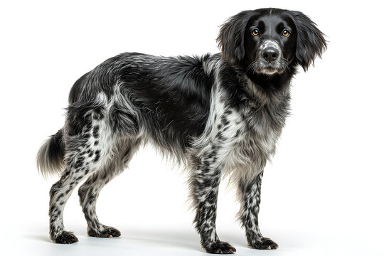 Stabyhoun Dog Standing Gracefully on White Background with Fluffy Coat and Distinctive Spots