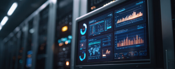 Data center banking security system with digital dashboard showing analytics and charts for secure financial data management